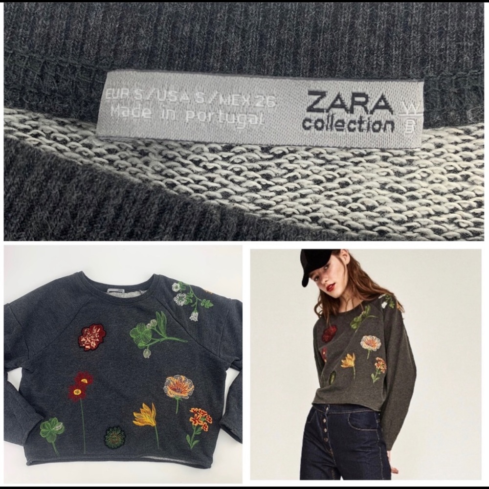 Zara Collection Cropped Embroidered Sequin Floral Crewneck Long Sleeve Pullover